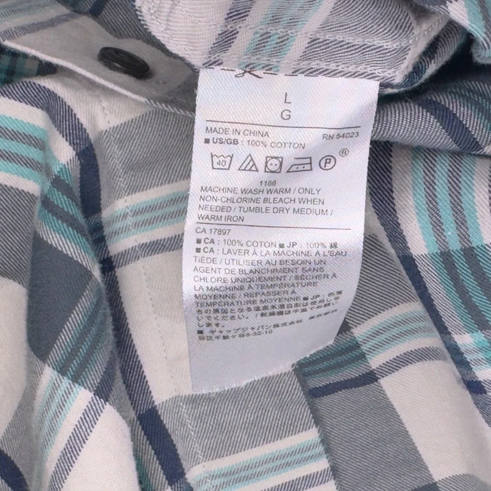 Banana Republic Men's Large Lightweight Flannel Shirt White Gray Blue Plaid‎